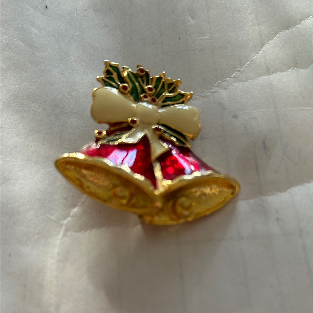 Elegant Red and Gold Holiday Bell Brooch